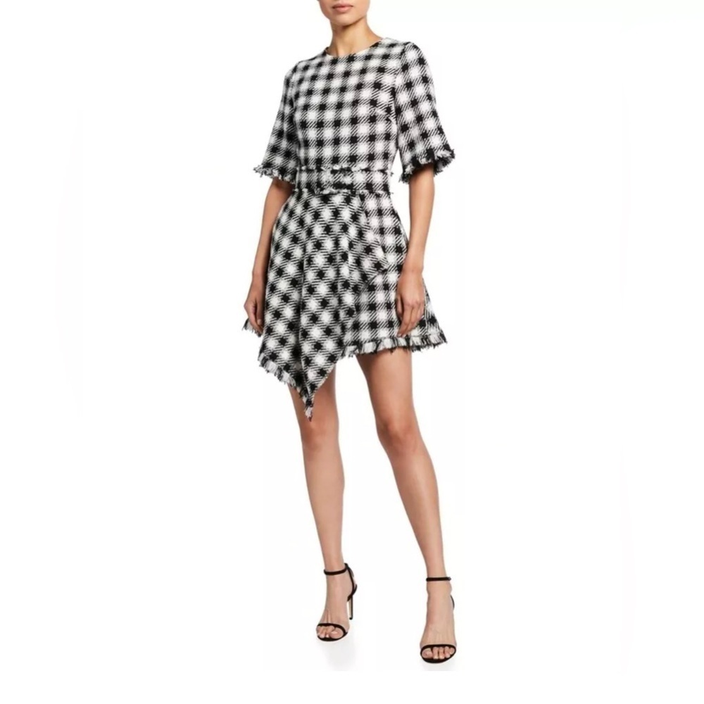 OSCAR DE LA RENTA $2190 Plaid Asymmetrical Frayed Day Dress w/ Belt Size 12 NWT